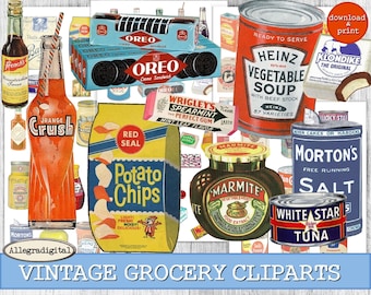 Retro Food Grocery Clipart & Collage Sheets PNG Digital Download Illustrations for Wall Art, Decoupage, Invitations, Crafts, Scrapbooking