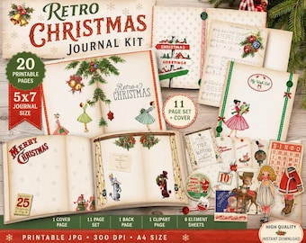 Puede incluir: Un kit de diario de Navidad retro imprimible con 20 páginas de 13x18 cm. La colección incluye páginas ilustradas con motivos navideños vintage, villancicos, listas de deseos, tarjetas de bingo y muñecas de papel en tonos rojos y verdes.