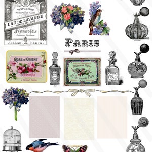 Feuille de Collage digitale rétro  vintage Shabby chic Kit collage digital fleur parfum images scrapbooking carte journal JPEG et PNG format