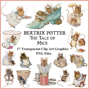 Imágenes prediseñadas de ratones de Beatrix Potter, archivos PNG transparentes, descarga instantánea, imágenes prediseñadas de boca vintage, imágenes de arte transparente, hoja de collage digital