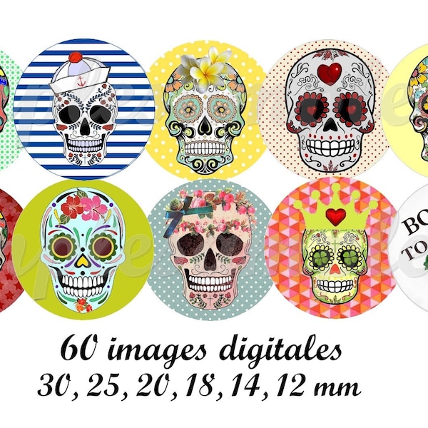 Tête de mort mexicain-Images digitales cabochon, images digitales bijoux image cabochon Tête de mort 30 mm, 25 mm, 18 mm 16 mm, 14 mm, 12 mm