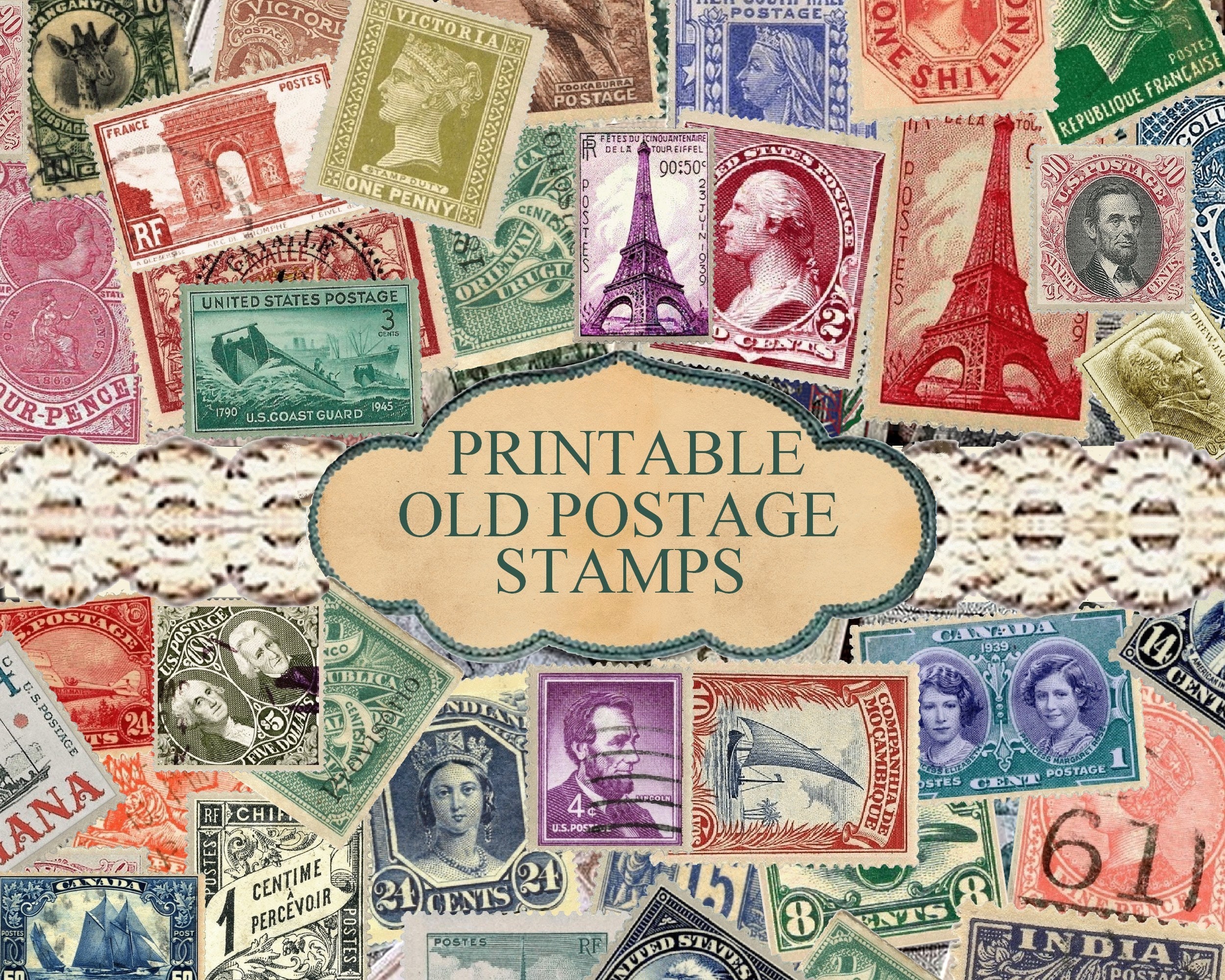 Vintage Postage Stamp Set, Retro Vintage Stamps, Clip Art Stamps, Clip Art  Scrapbooking Stamps, Antique Shabby Clip Art, Postage Clip Art 