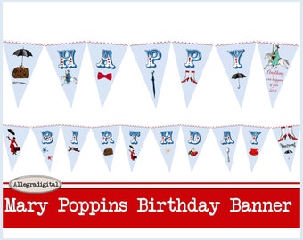 Afdrukbare Mary Poppins banner, Mary Poppins verjaardagsfeestje banner, Instant Download Mary Poppins Bunting, Poppins verjaardagsfeestje Bunting