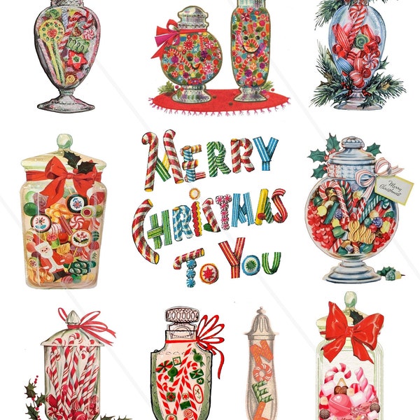 Vintage Christmas Candy Cane 50's Fifties Clipart Clip Art Digital Collage Sheet Christmas Scrapbooking for Card Making Decoupage Paper PNG