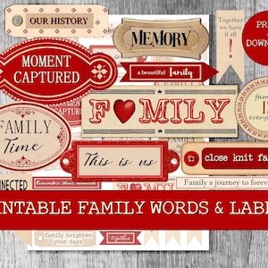 Palabras y etiquetas familiares retro: material efímero imprimible para diarios basura, descarga completa, Allegradigital