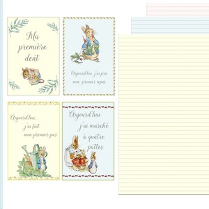 Pode incluir: Um conjunto de 24 cart&otilde;es com ilustra&ccedil;&otilde;es do Peter Rabbit e texto em franc&ecirc;s. Os cart&otilde;es s&atilde;o projetados para os primeiros marcos de um beb&ecirc;. O conjunto tamb&eacute;m inclui 3 pap&eacute;is pautados em rosa, azul e amarelo para anotar os marcos.