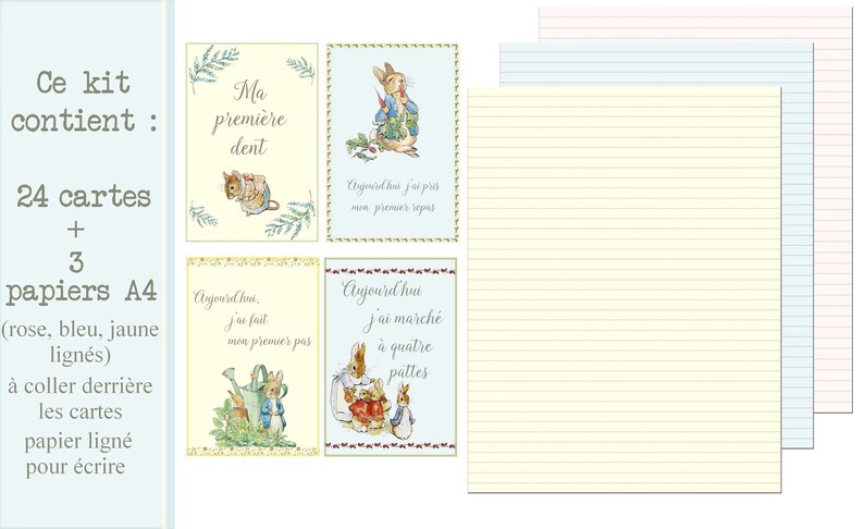 Pode incluir: Um conjunto de 24 cart&otilde;es com ilustra&ccedil;&otilde;es do Peter Rabbit e texto em franc&ecirc;s. Os cart&otilde;es s&atilde;o projetados para os primeiros marcos de um beb&ecirc;. O conjunto tamb&eacute;m inclui 3 pap&eacute;is pautados em rosa, azul e amarelo para anotar os marcos.