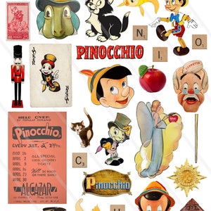 Vintage Pinokio Ephemera Clipart - Cyfrowe pobieranie do scrapbookingu, dzienników śmieci i rzemiosła - Allegradigital