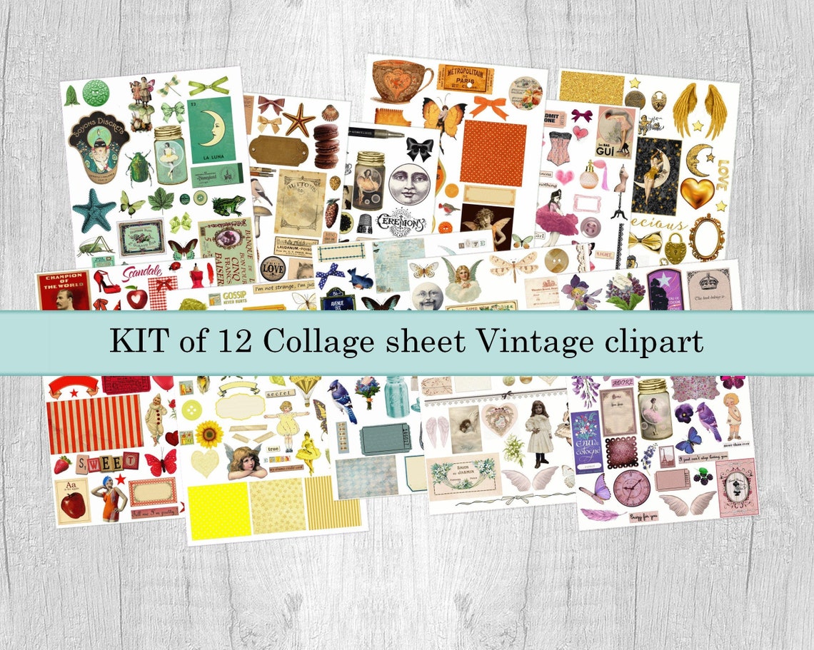 Kit of 12 Digital Collage Sheets Vintage Clipart Ephemera PNG - Etsy