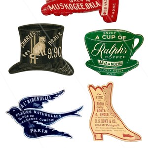 K&ouml;nnte beinhalten: Eine Sammlung von Vintage-Anzeigen mit einer roten Hand, die auf ein Hotel zeigt, einem schwarzen Zylinder mit einer Katzenillustration, einer gr&uuml;nen Kaffeetasse, einem blauen Vogel, einem braunen Stiefel und einer Holzb&uuml;rste.