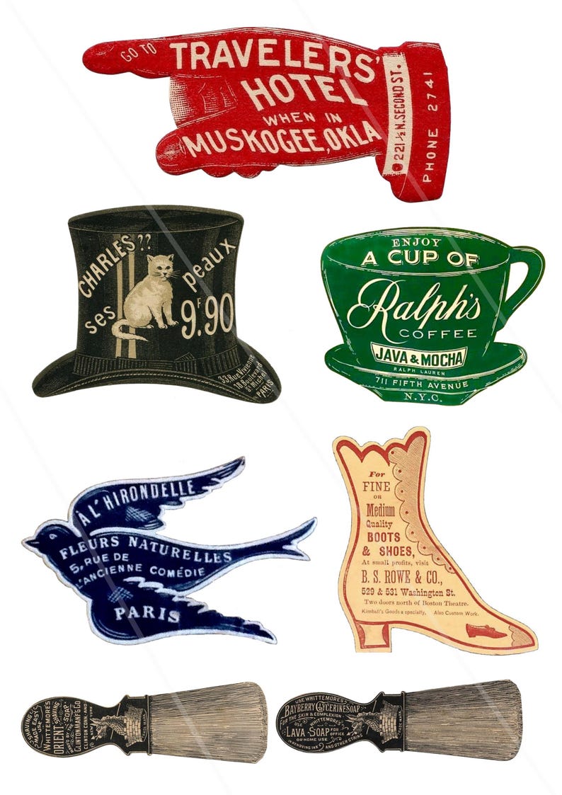 K&ouml;nnte beinhalten: Eine Sammlung von Vintage-Anzeigen mit einer roten Hand, die auf ein Hotel zeigt, einem schwarzen Zylinder mit einer Katzenillustration, einer gr&uuml;nen Kaffeetasse, einem blauen Vogel, einem braunen Stiefel und einer Holzb&uuml;rste.