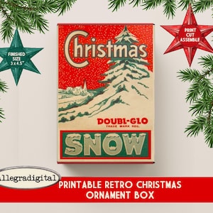 Printable Retro Christmas Ornament Box for gifts DIY vintage box template Vintage shiny Brite box   printable snow Christmas collage sheet