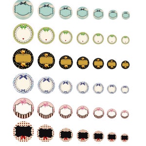 Peut inclure: Une collection d'autocollants ronds de différentes tailles avec des motifs décoratifs. Les autocollants présentent des motifs floraux, des nœuds et des motifs de cœurs. Les couleurs incluent le rouge, le bleu, le rose, le vert et le noir. Certains autocollants ont des espaces vides pour le texte.