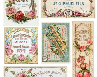 Vintage French Perfume Digital Collage Sheet Cologne Labels, 7 Labels, Vintage Floral French Label, Victorian Collage Clip ephemera