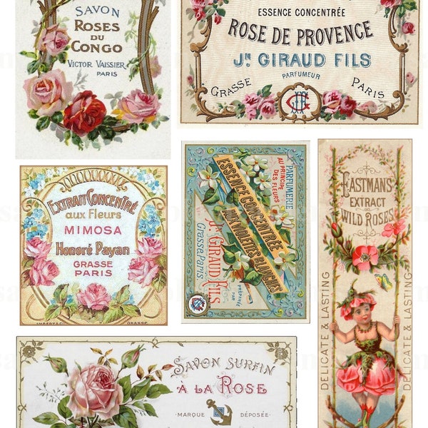 Feuille de collage digital Parfum, étiquettes vintage parfum et savon , scrapbooking, collection parfum ephemera