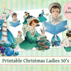 Vintage Christmas Ladies 50's Fifties Clipart Clip Art Digital Collage Sheet Christmas Scrapbooking for Card Making Decoupage Paper PNG