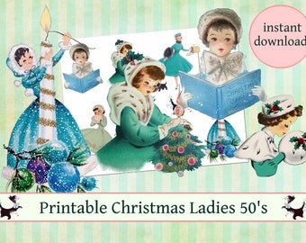 Vintage Christmas Ladies 50's Fifties Clipart Clip Art Digital Collage Sheet Christmas Scrapbooking for Card Making Decoupage Paper PNG