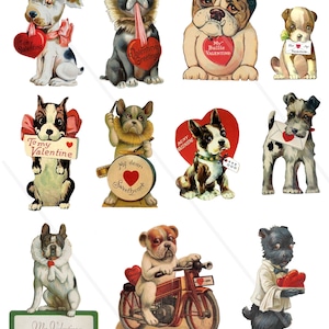 Vintage dogs Valentines clip art Digital Collage Sheet retro bulldogs Clip art for Card Making Decoupage Junk journal PNG dogs