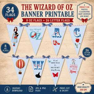 May include: A printable banner set featuring 34 triangular flags with The Wizard of Oz themes. The flags include illustrations of a character, red shoes, a hot air balloon, a witch hat, a butterfly, and text such as There's No Place Like Home.