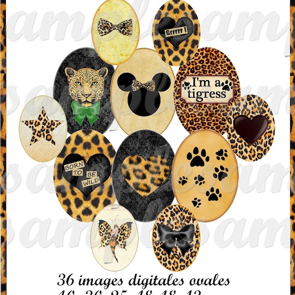 images digitales cabochon ovales léopard, tigre, image pour bijoux, cabochon, collage digital, coeur, étoile, noeud, Mickey Minnie