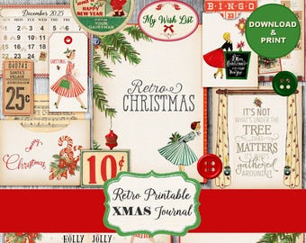 Puede incluir: Un collage de efímeras navideñas vintage con un tema retro. Incluye un calendario, etiquetas y tarjetas con ilustraciones de mujeres con vestidos, bastones de caramelo y texto festivo. Las palabras "Retro Christmas" y "Retro Printable XMAS Journal" son visibles.