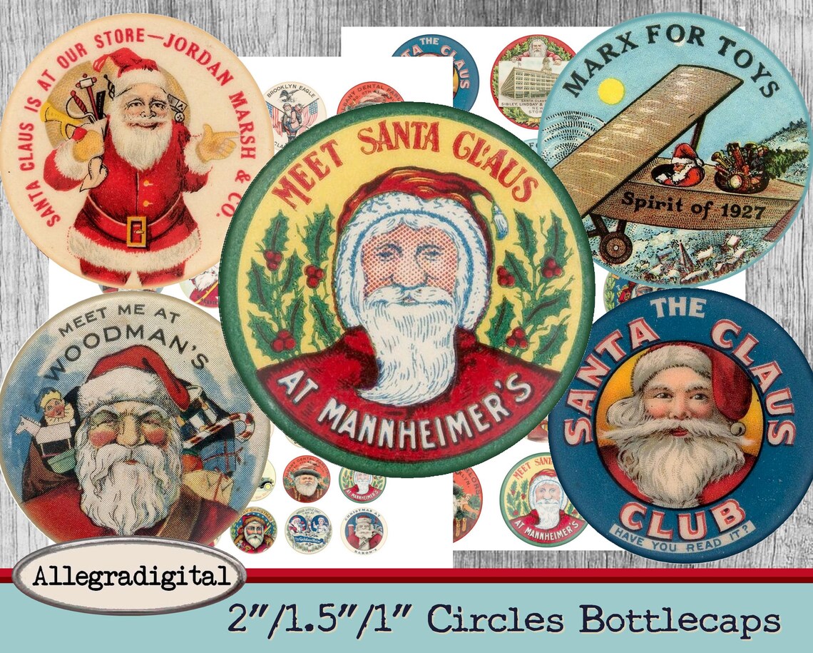 Vintage Santa Claus Bottlecaps Printable Christmas Santa Buttons 2 Inch ...