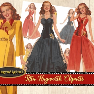 Retro Clipart vintage Rita Hayworth, images digitales pour scrapbooking, junk journal journaling spot pin up clipart Allegradigital