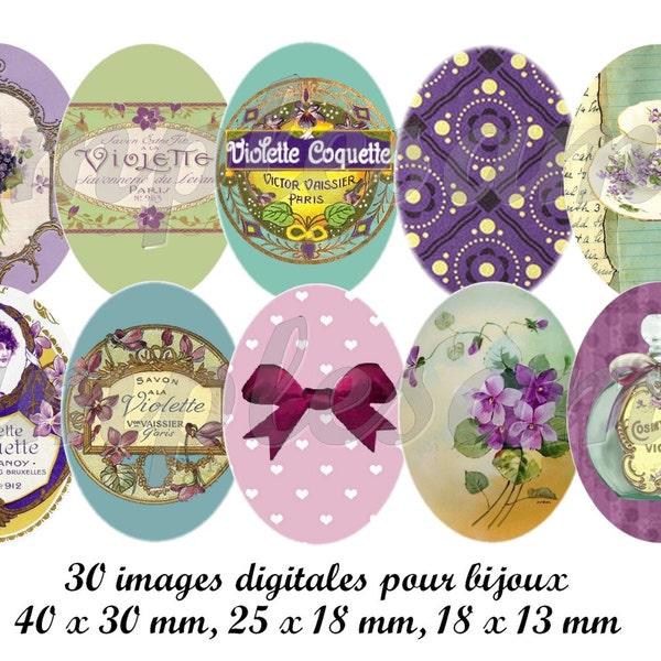 images digitales ovales rétro "Violette.", image pour bijoux, cabochon, médaillon, scrapbooking, fleurs, vintage, parfum