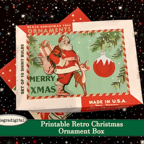 Printable Retro Santa &amp; Reindeer Christmas Ornament Box / - Etsy