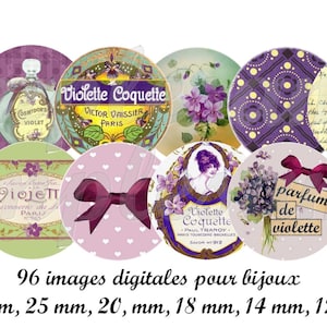 May include: A set of 12 round, printable images featuring vintage designs with a violet theme. The images include floral patterns, perfume bottles, and text in French. The images are perfect for creating jewelry or other crafts.