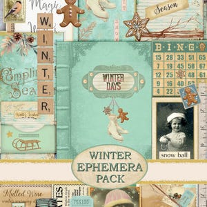 Winter Junk Journal Ephemera, Afdrukbare Ephemera Pack Postkaart, Tag, Digitale Download, Junk Journal Kit Vintage Kerstsneeuw Schaatsen