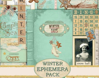 Junk Journal Ephemera, Winter Ephemera Pack Post Card, Tag, Digital Download, Junk Journal Kit Vintage Christmas Snow Ice skating