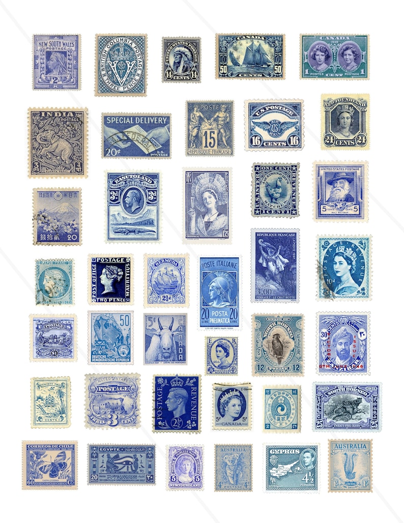 Vintage Postage Stamps, Printable Old Postage Stamps Ephemera ...