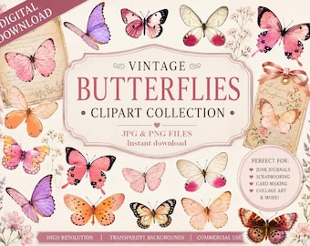 Digital Collage Sheet Butterflies wings JPEG and PNG - Instant Download butterfly Digital Scrapbook Paper butterfly Pink butterflies vintage
