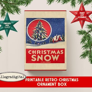 Printable Retro Christmas Ornament Box for gifts DIY vintage box template Vintage shiny Brite box   printable snow Christmas collage sheet