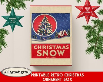 Printable Retro Christmas Ornament Box for gifts DIY vintage box template Vintage shiny Brite box  printable Christmas Snow collage sheet