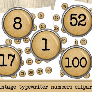 Vintage Typemachine Nummers Clipart – 1 Inch Cirkels voor Junk Journals, Stickers en Scrapbooking – Direct Downloaden