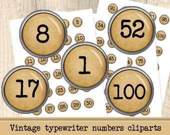 Vintage typewriter numbers clip art digital collage sheet 1 inch circles numbers instant download paper fonts junk journal paper