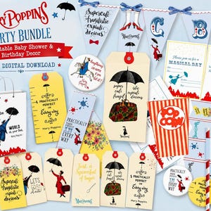 Peut inclure: Un ensemble de fête sur le thème de Mary Poppins comprenant des décorations imprimables pour baby shower et anniversaire. Inclut des fanions, des étiquettes cadeaux, des boîtes à pop-corn et des étiquettes rondes avec des parapluies et sacs.