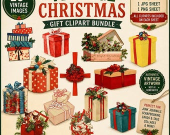 Puede incluir: Un paquete digital de imágenes prediseñadas de regalos de Navidad vintage con más de 20 ilustraciones de regalos envueltos, cajas con lazos y vegetación navideña. La colección incluye etiquetas de texto para formatos JPG y PNG, resolución de 300 DPI e información de uso comercial para álbumes de recortes.