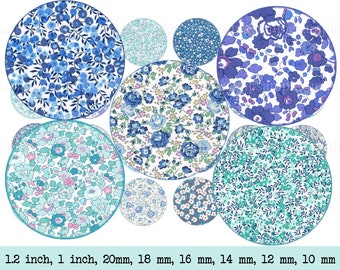 Blue liberty digital collage sheet circles floral pattern flowers liberty pattern 1 inch circles bottle caps images for pendants