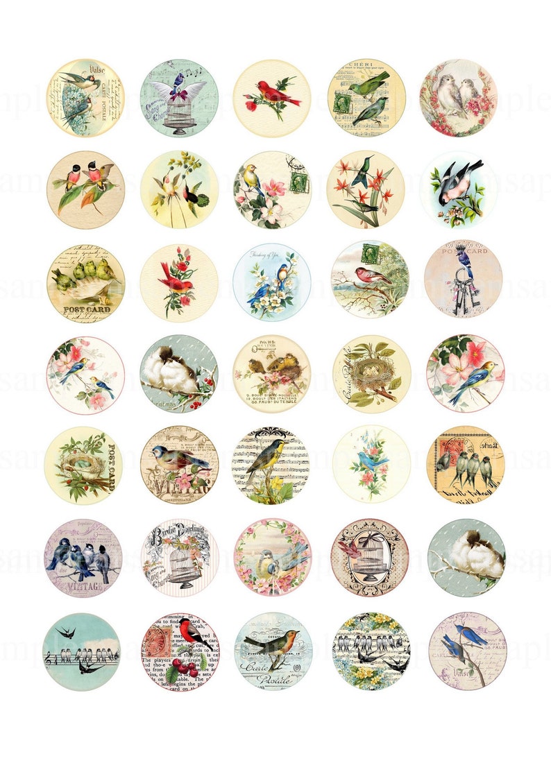 Digital Collage Sheet Vintage Birds 1 Inch Round Image Bird 30mm 25mm ...