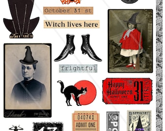 Halloween Digital Collage Sheet Vintage Halloween Cliparts Ephemra PNG Files Instant Download Halloween Printables for decor, Junk Journal