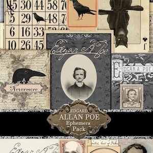 Diário de Junk de Edgar Allan Poe - Objetos Efêmeros, Pacote de Objetos Efêmeros - Cartão Postal, Etiqueta, Download Digital, Kit de Diário de Junk de Poe para Imprimir - Poe para Scrapbooking