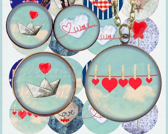 Digital Collage Sheet cicrles Valentine's love heart Valentines day- one inch circles images for pendant heart, instant download circle