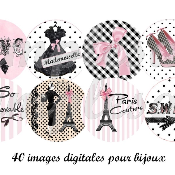 images digitales rétro "Couture", rose, Paris, Tour Eiffel, noeud,, collage digital pour bijoux, cabochon, médaillon, scrapbooking