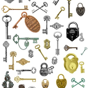 Imágenes prediseñadas de llaves y cerraduras antiguas: llaves y cerraduras antiguas imprimibles, recortes elegantes para diarios basura y álbumes de recortes: descarga instantánea