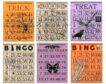 Digital Collage Sheet Halloween Bingo Card Images Bingo Trick or Track cards for scrapbookin junk journal Instant Download