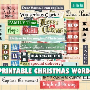 Noël Feuille de collage mots, phrase citation rétro, vintage, scrapbooking, art numérique, junk journal, journaling