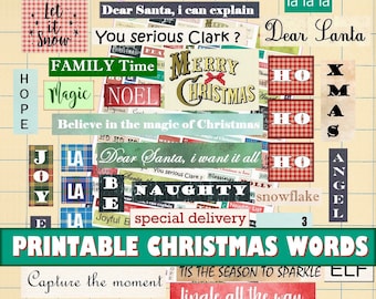 Christmas words and sayings collage sheet, Printable Christmas, Mixed Media, Chistmas journal